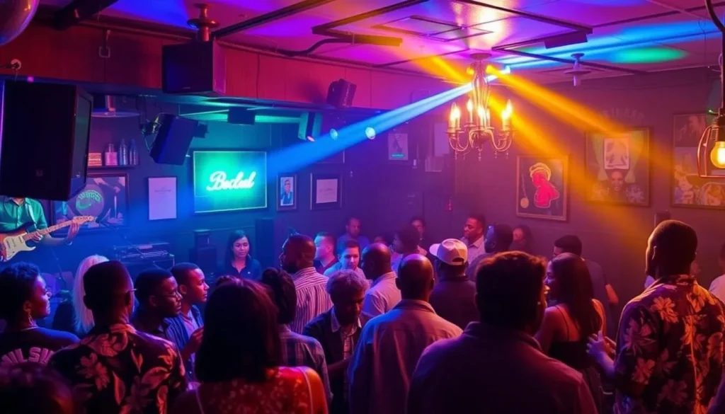 Generate an image of a jazz bar in Abidjan, such as Le Wharf or Le Bridge, with people enjoying live music.