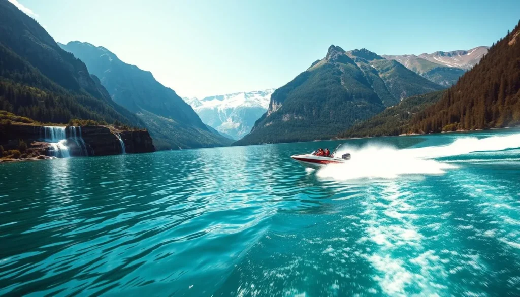Generate an image of a jet boat speeding across Lake Brienz, surrounded by mountains and waterfalls.