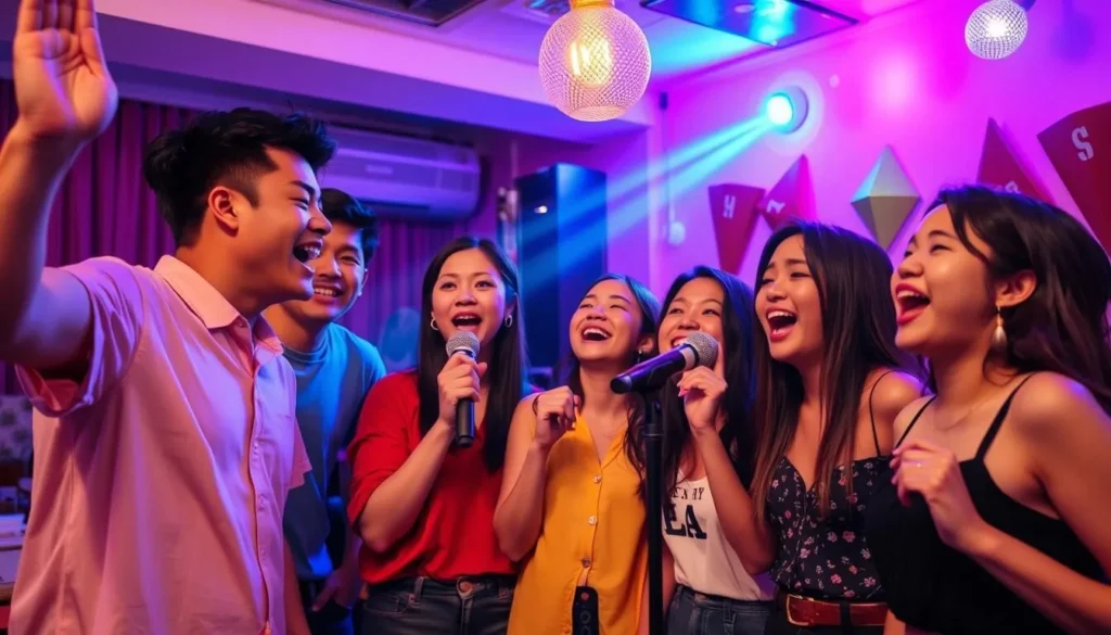 Generate an image of a karaoke room in Mandaluyong with friends singing together.