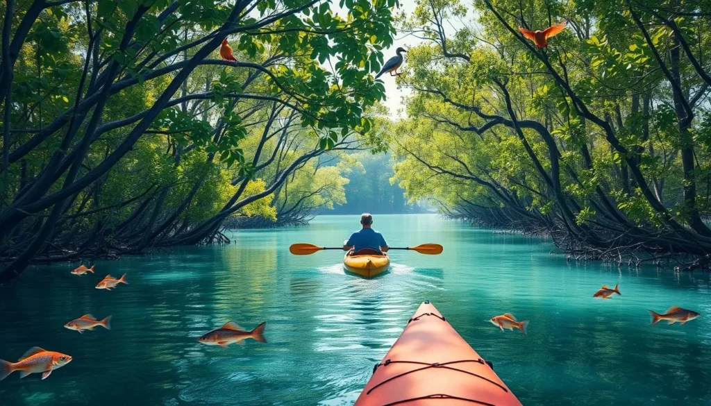 Generate an image of a kayaker paddling through a serene mangrove forest, with wildlife such as birds and fish visible in and around the water.