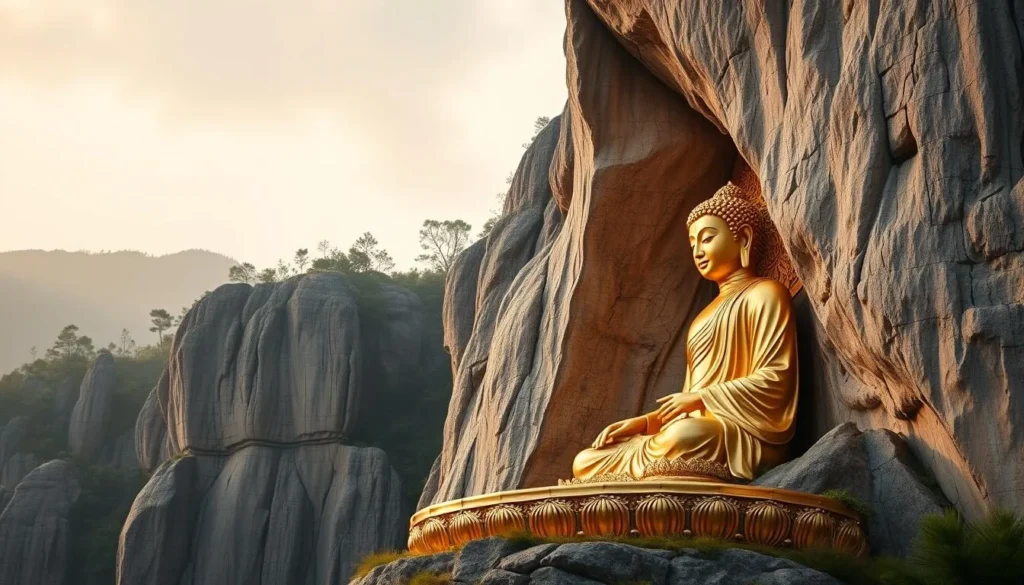 Generate an image of a large golden Buddha image laser-carved into a limestone cliff.