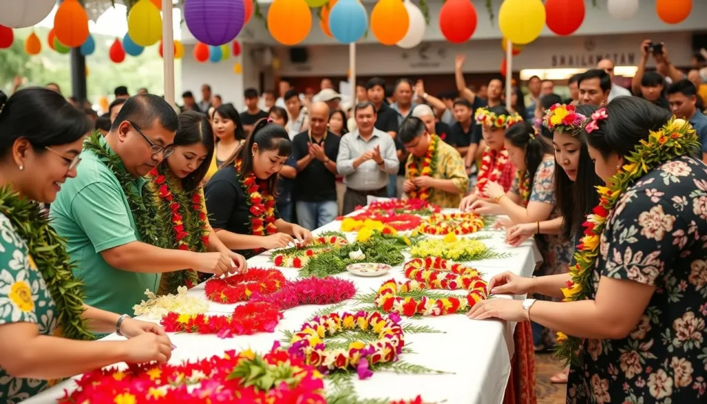 Generate an image of a lei-making competition at the Lei Day Celebration.