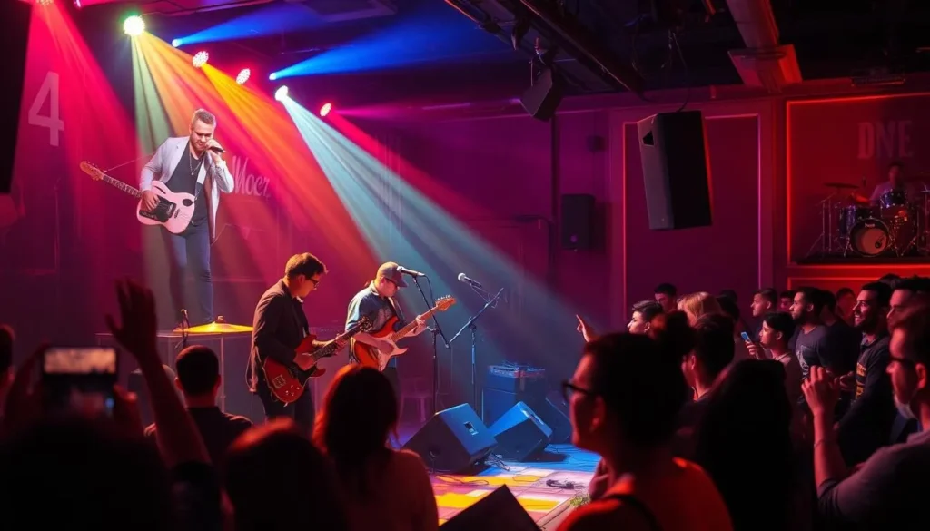 Generate an image of a live music venue in Mandaluyong with a band performing.