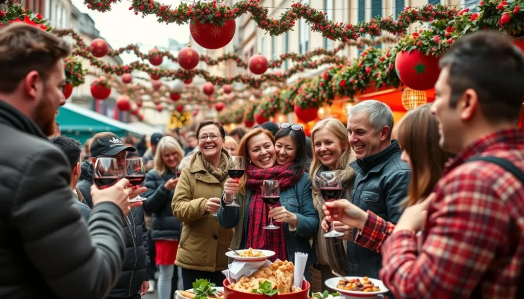 Generate an image of a lively Beaujolais Nouveau Festival scene with people enjoying wine and festivities.
