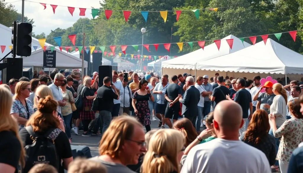 Generate an image of a lively festival scene in Leinster, Ireland, showcasing music, arts, and culture.