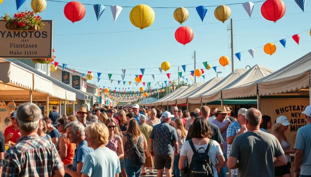 Generate an image of a lively festival scene in Yachats, Oregon, with people enjoying local food and live music.