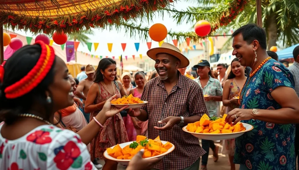 Generate an image of a lively festival scene on Rota, with people dancing and enjoying sweet potato dishes.