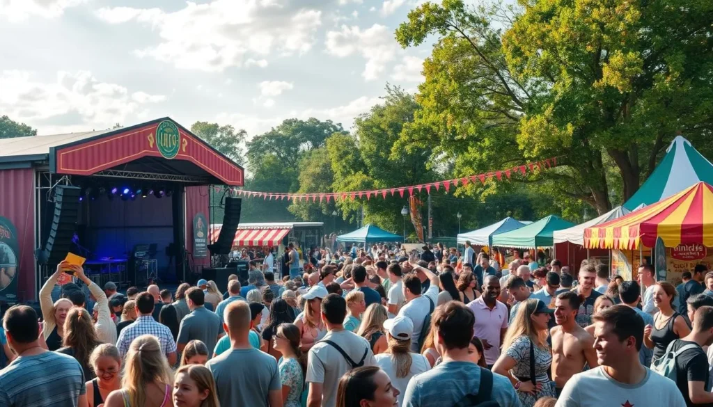Generate an image of a lively festival scene with a stage, food stalls, and people of all ages enjoying the event.