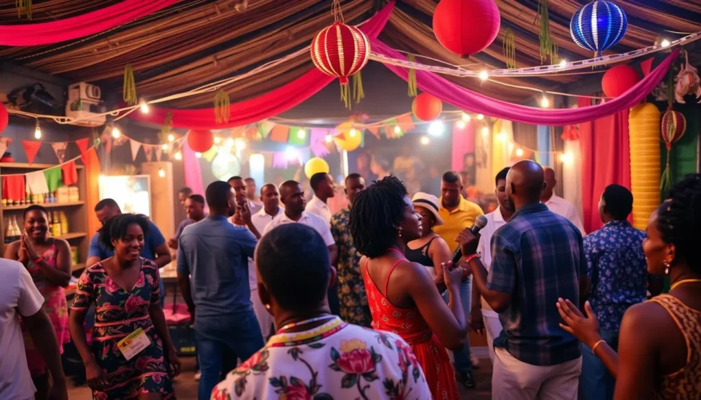 Generate an image of a lively maquis in Bouaké, Ivory Coast, with people dancing and enjoying live music.