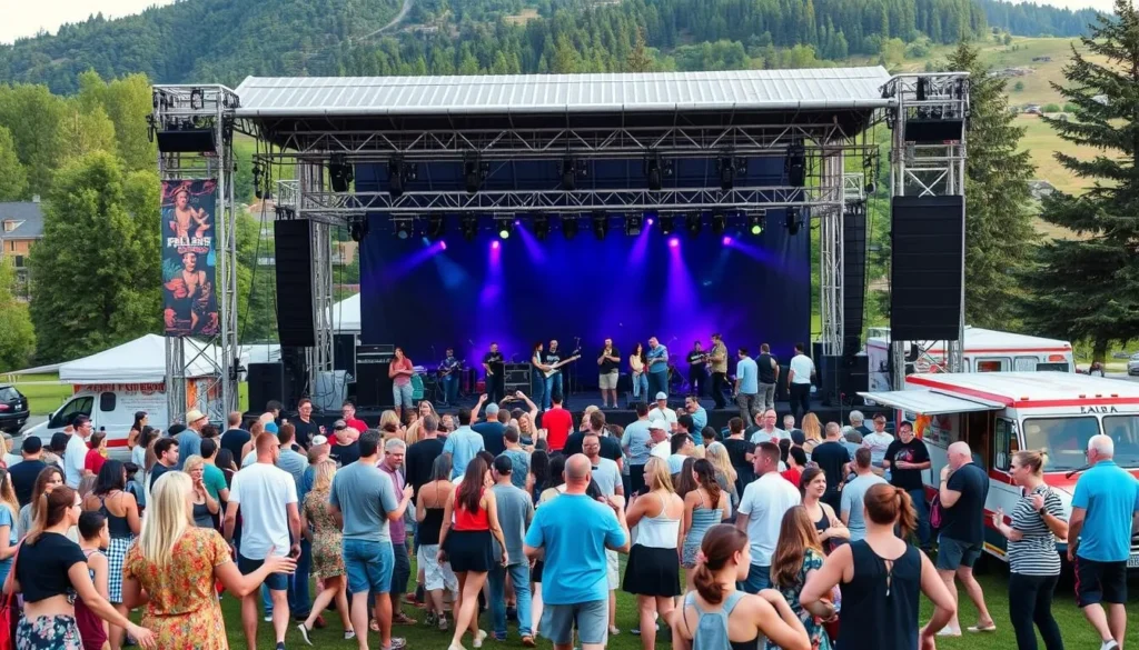 Generate an image of a lively outdoor concert in Helena, Montana, with a stage set up in a park and people enjoying live music and food trucks.