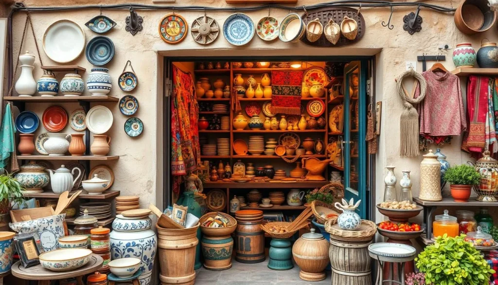 Generate an image of a local artisan shop in Seregno, displaying handmade ceramics, textiles, and specialty foods.