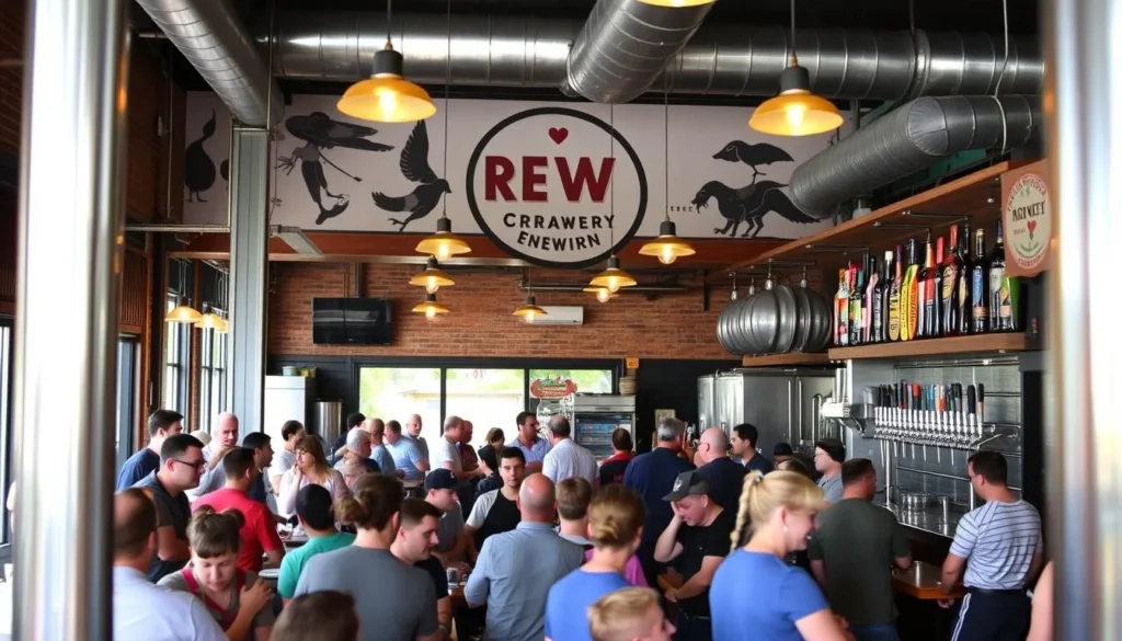 Generate an image of a local brewery in Nashua, NH, featuring a lively taproom with a variety of craft beers on tap.