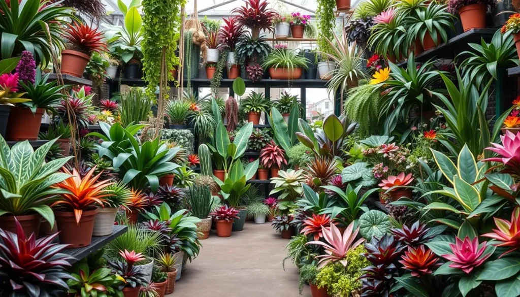 Generate an image of a lush, vibrant plant store with a variety of rare plants on display.