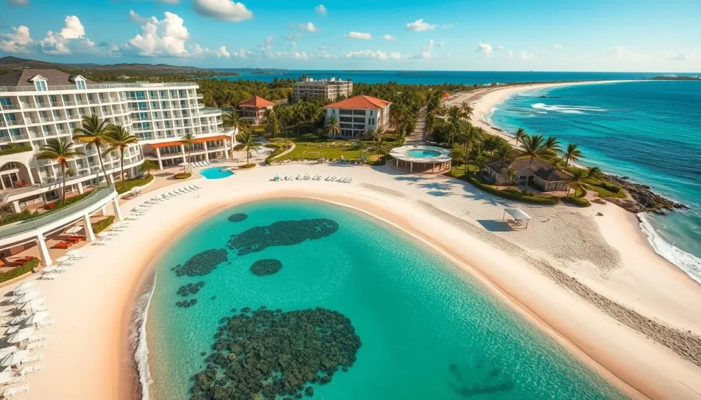 Generate an image of a luxurious beach resort with private access to a pristine stretch of coastline, featuring gourmet dining and personalized service.