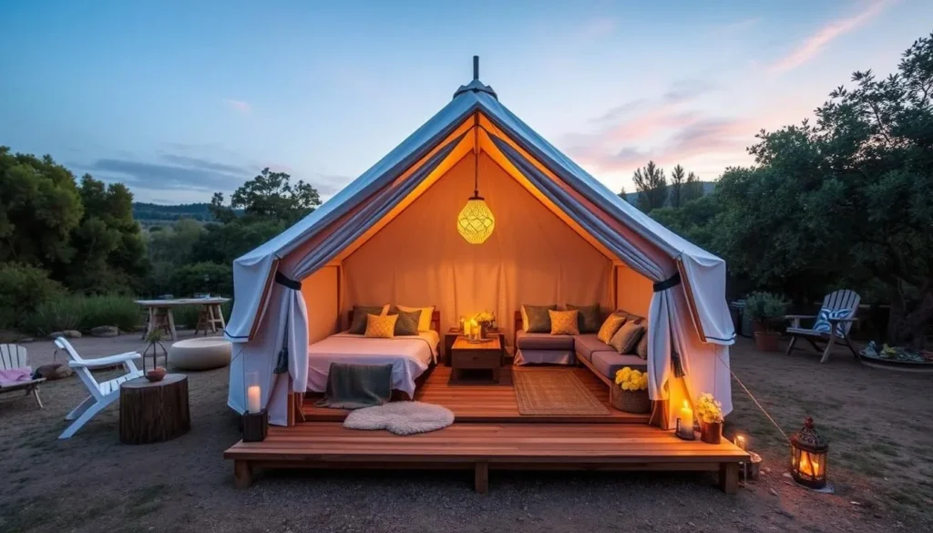 Generate an image of a luxurious glamping tent at Mendocino Grove.