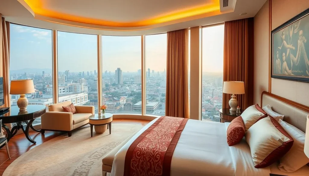 Generate an image of a luxurious hotel room in Phnom Penh with a king-size bed and a balcony overlooking the city.