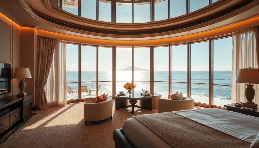 Generate an image of a luxurious hotel room with a stunning ocean view