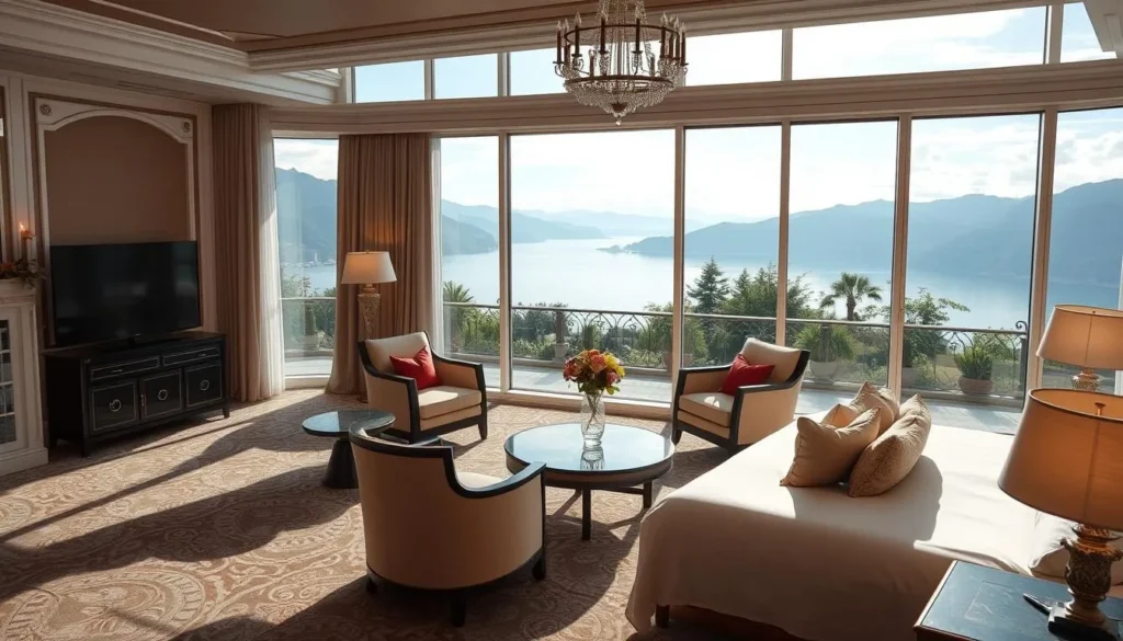 Generate an image of a luxurious hotel room with a view of Lake Constance.