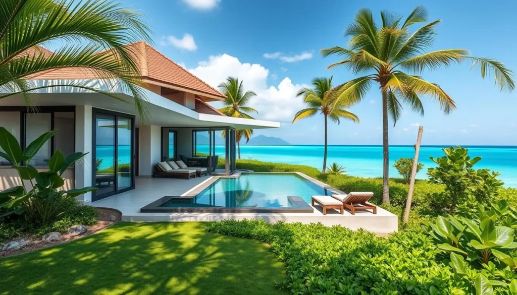 Generate an image of a luxury beachfront villa on Koh Rong Island