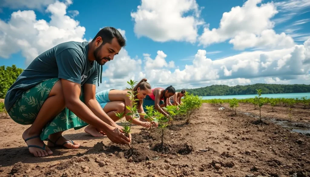 Generate an image of a mangrove planting ceremony in Tuvalu on Cyclone Day