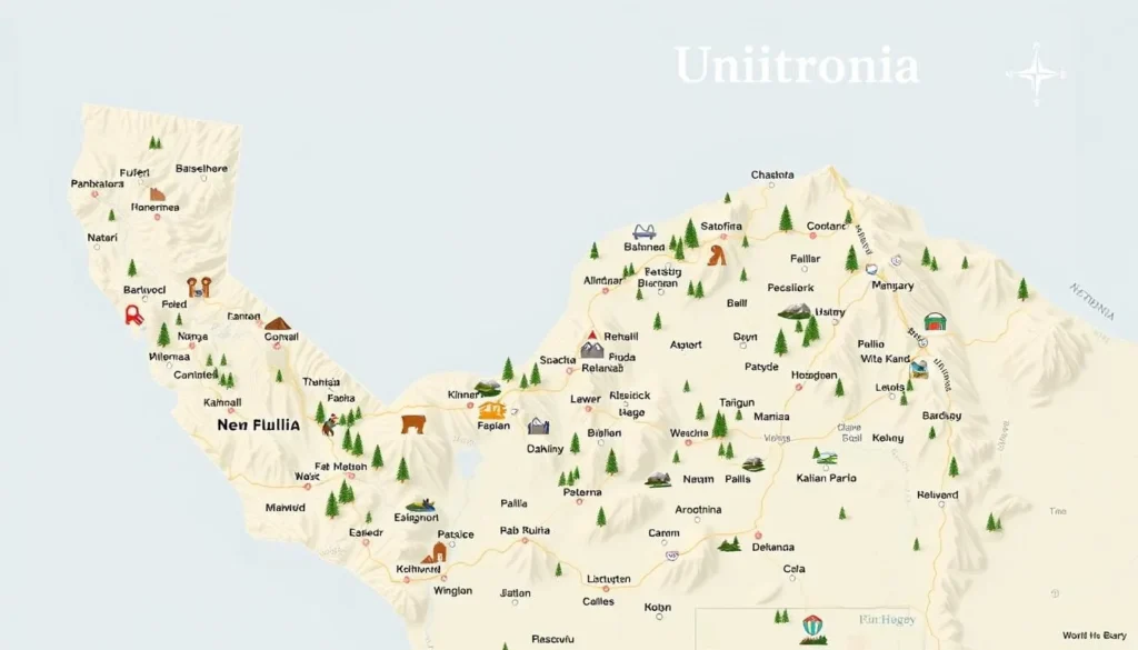 Generate an image of a map highlighting Pine Mountains, California, with key attractions marked.