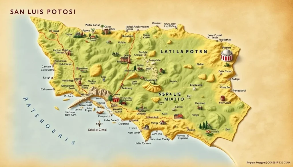 Generate an image of a map highlighting the diverse regions of San Luis Potosi