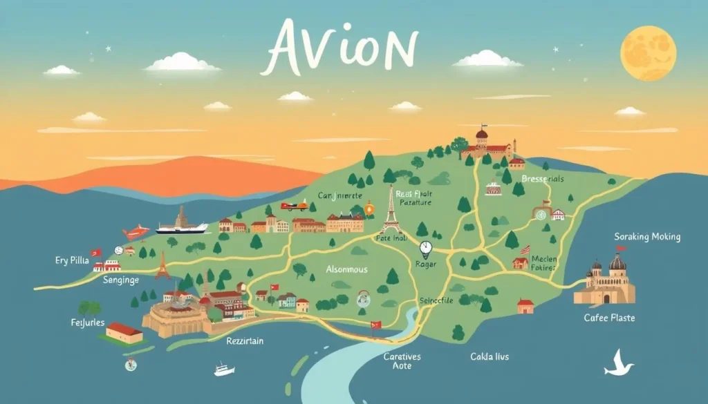 Generate an image of a map showing Avignon and surrounding day trip destinations