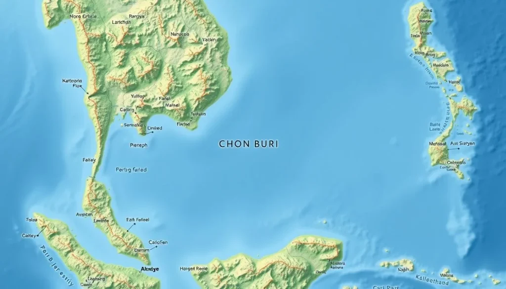 Generate an image of a map showing Chon Buri's location on Thailand's eastern seaboard.