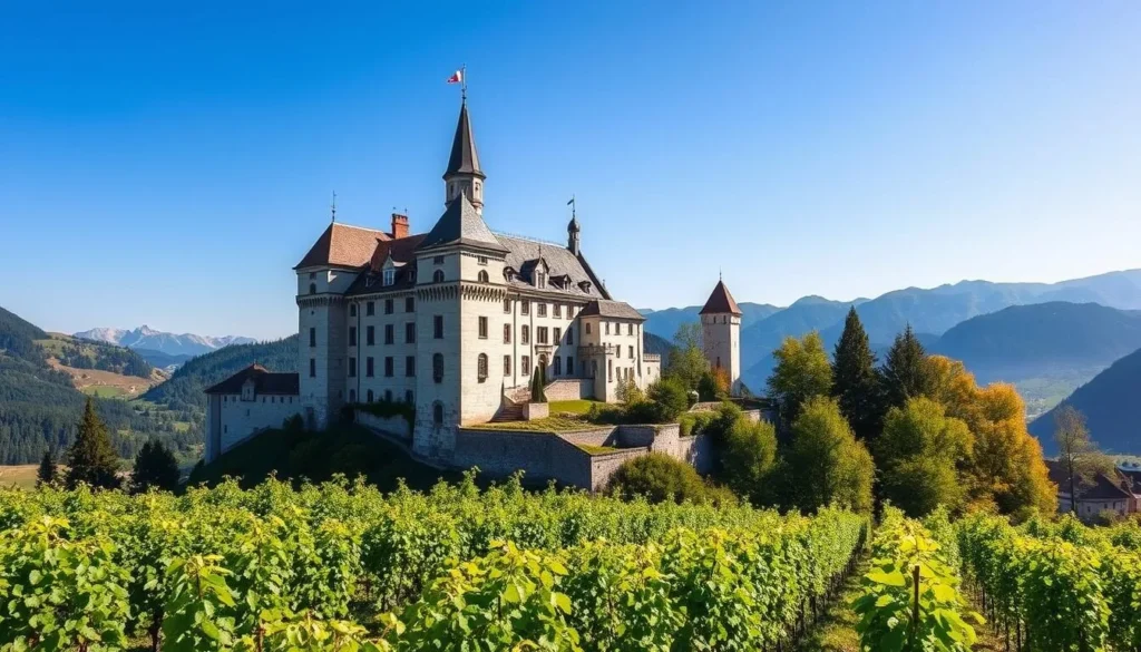 Generate an image of a medieval castle in Valais, Switzerland, surrounded by vineyards.