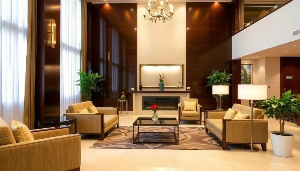 Generate an image of a mid-range hotel in Chittagong with a comfortable lobby