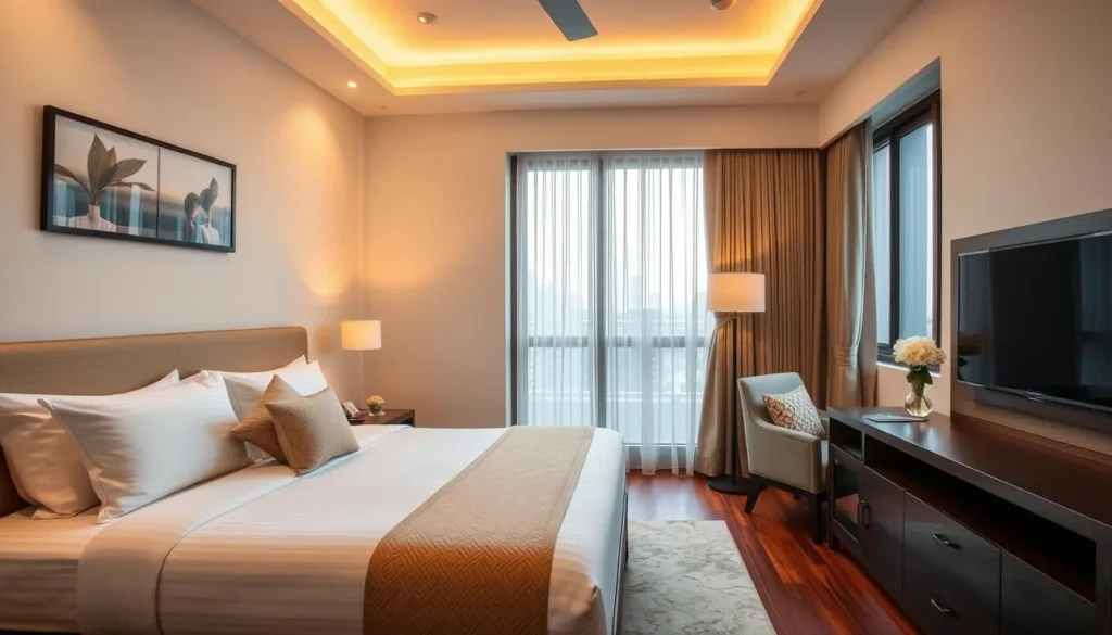 Generate an image of a mid-range hotel room in Phnom Penh with a clean and cozy atmosphere.