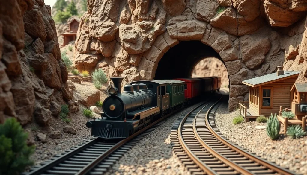 Generate an image of a miniature Old West railroad with a train running on narrow-gauge tracks through a tunnel.