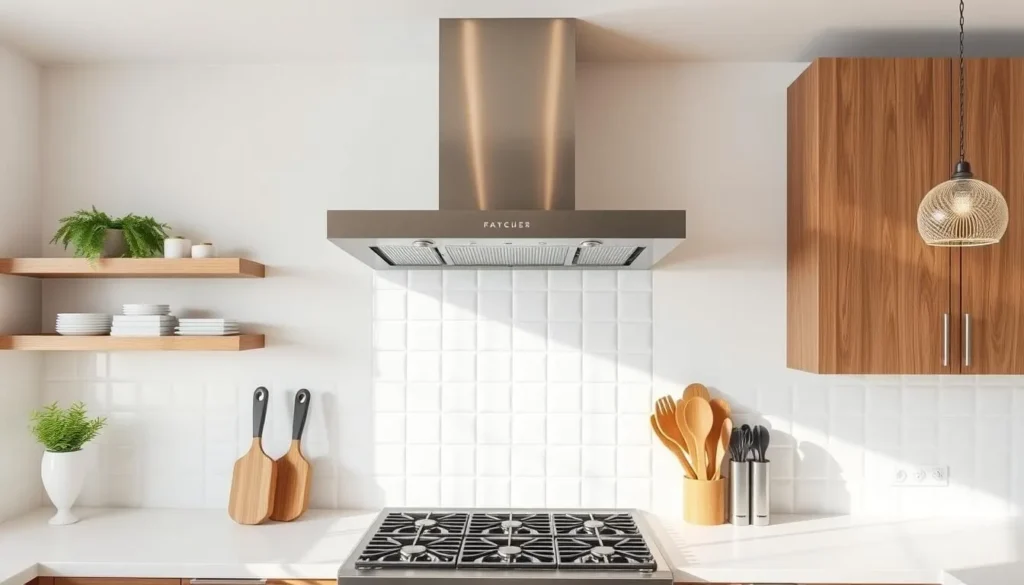 Generate an image of a modern kitchen with a sleek range hood installed above the cooking range.
