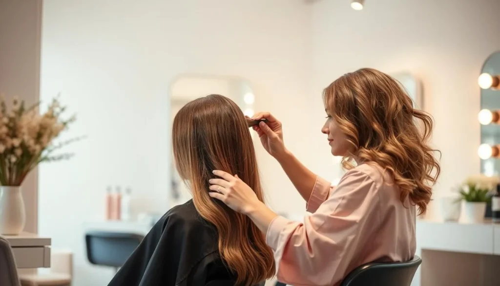 Generate an image of a modern salon with a relaxing atmosphere, featuring a stylist working on a client's hair.