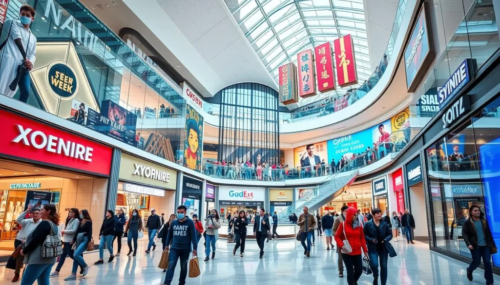 Generate an image of a modern shopping mall with a mix of local and international brands.
