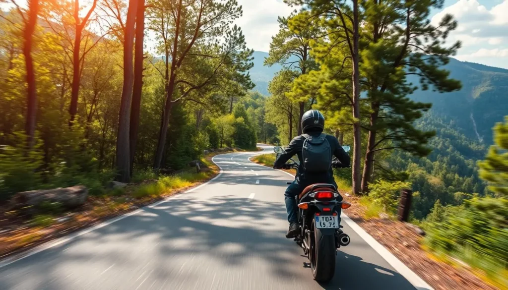 Generate an image of a motorcyclist riding on a scenic, winding road through a forest.