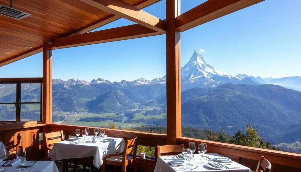 Generate an image of a mountain restaurant with a panoramic view of Weisshorn