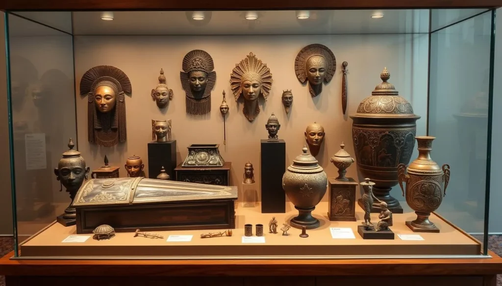 Generate an image of a museum display case with antique funeral-related artifacts.