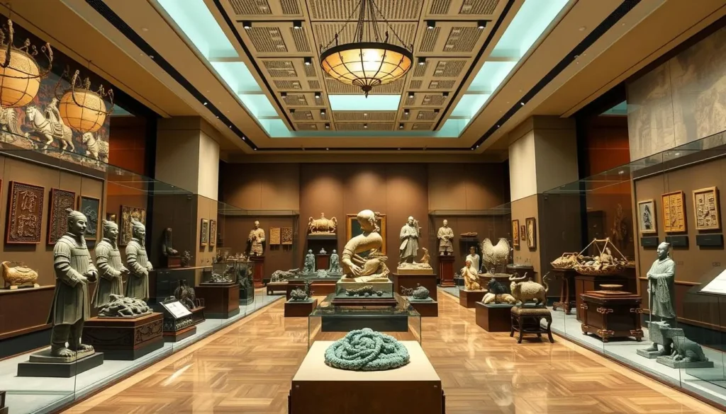 Generate an image of a museum housing an impressive collection of Chinese art and artifacts, including terracotta warriors and jade carvings.