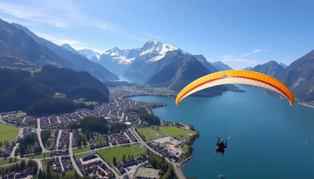 Generate an image of a paraglider soaring above Interlaken with the Swiss Alps in the background.