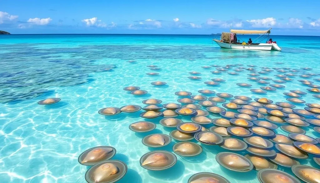 Generate an image of a pearl farm tour in Tuamotu Islands with turquoise waters and pearl oysters.