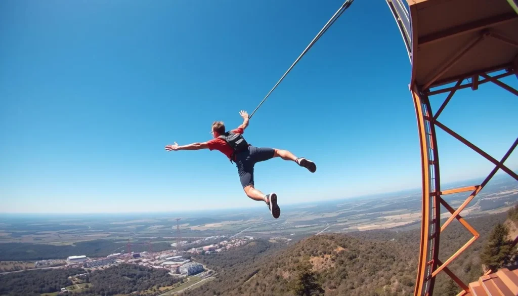 Generate an image of a person bungee jumping from a high platform.