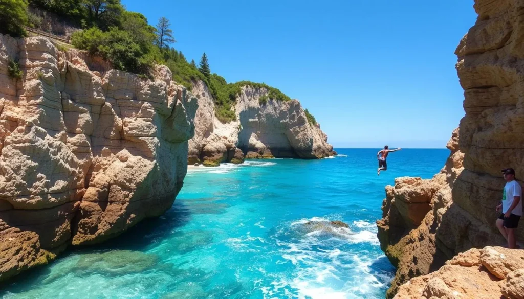 Generate an image of a person cliff jumping into the clear blue waters of Fugitive Beach.