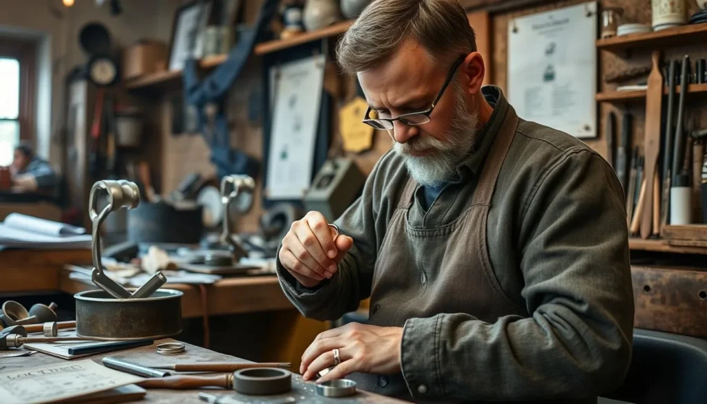 Generate an image of a person crafting a silver ring at a workshop in Dublin