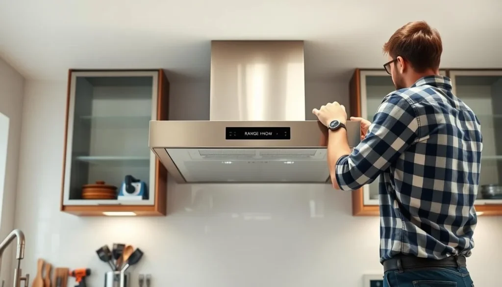 Generate an image of a person installing a range hood in a kitchen.
