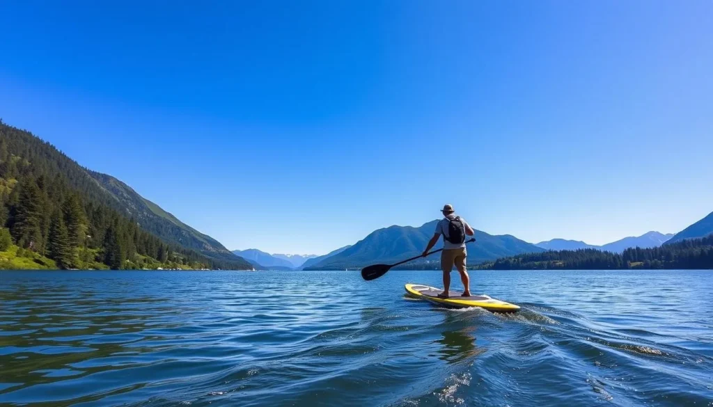 Generate an image of a person paddleboarding on the Columbia River