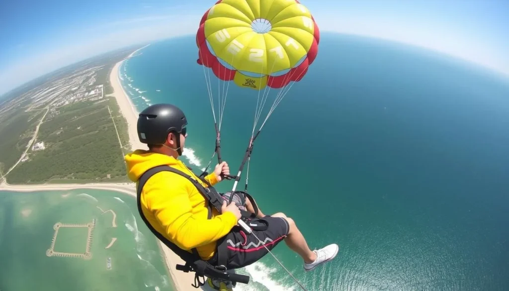 Generate an image of a person parasailing above the Atlantic Ocean with the Point Pleasant shoreline in the background.