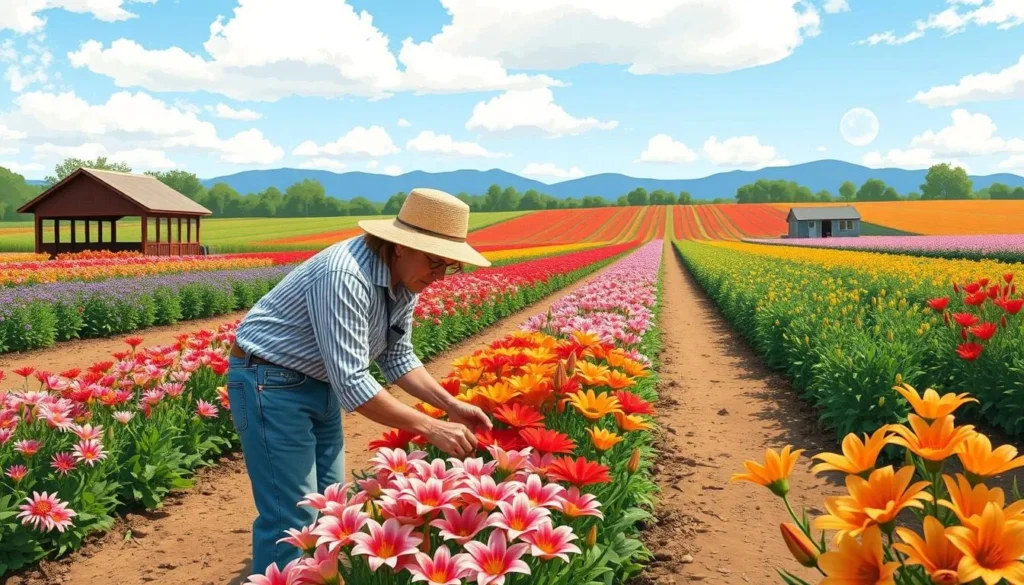 Generate an image of a person picking flowers at Marmalade Lily Flower Farm