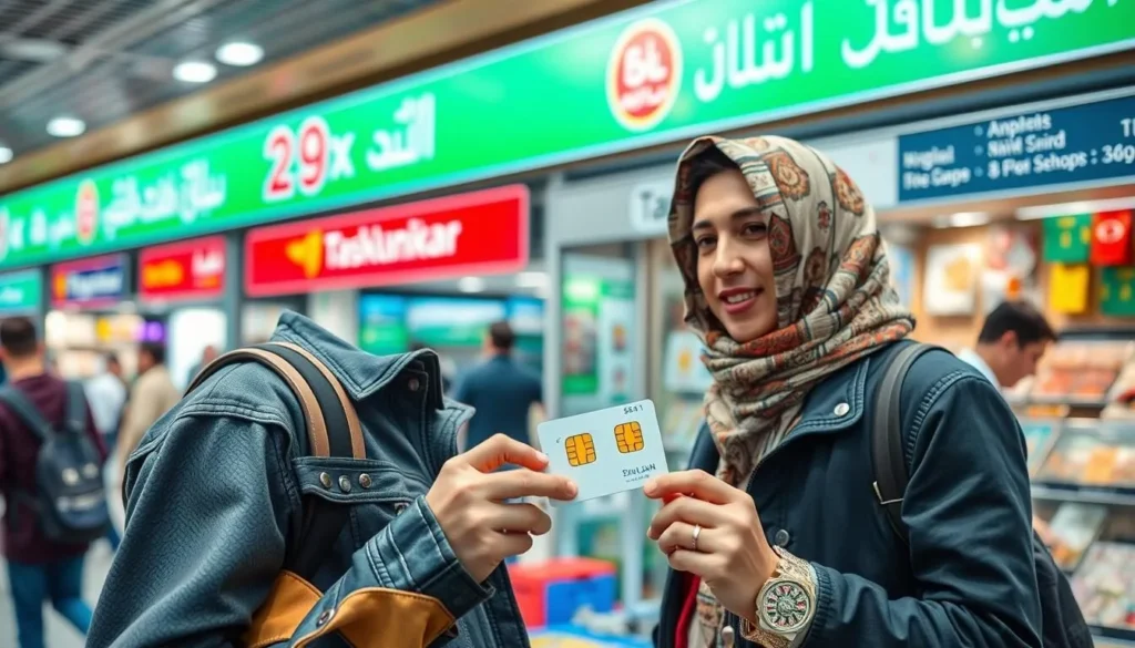 Generate an image of a person purchasing a SIM card at an airport or a local shop in Tashkent.
