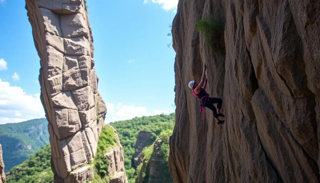 Generate an image of a person rappelling down a gorge at Macahambus Adventure Park